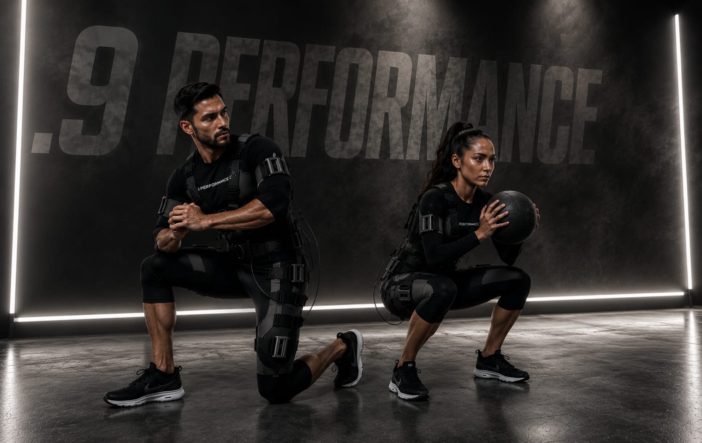 Two clients in EMS suits mid-lunge with a medicine ball, coached through a guided movement