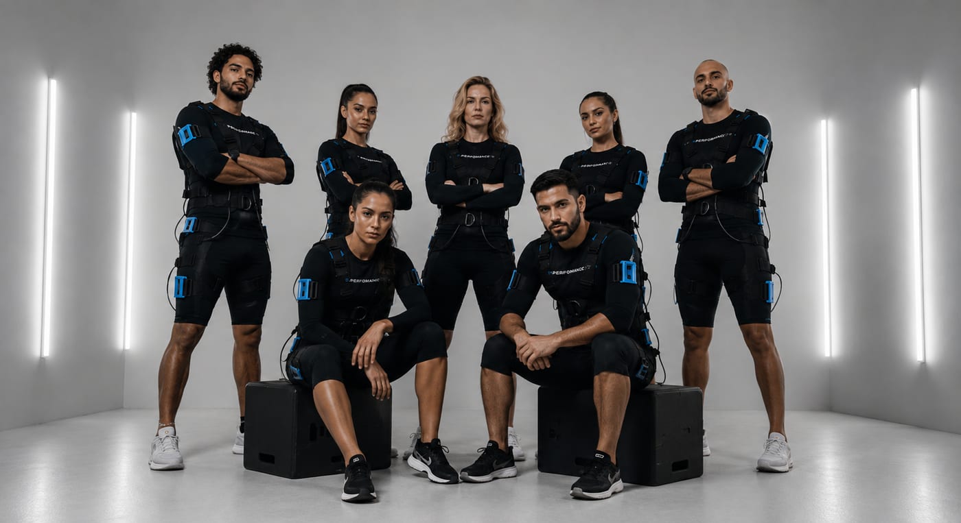 A group of 9. Performance clients and coaches in EMS suits at the studio